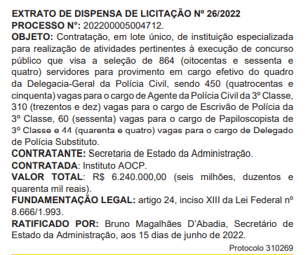 Concurso PC GO: extrato de dispensa de licitação