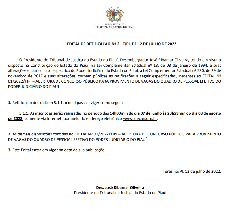 Período para inscrições no concurso TJ PI prorrogado