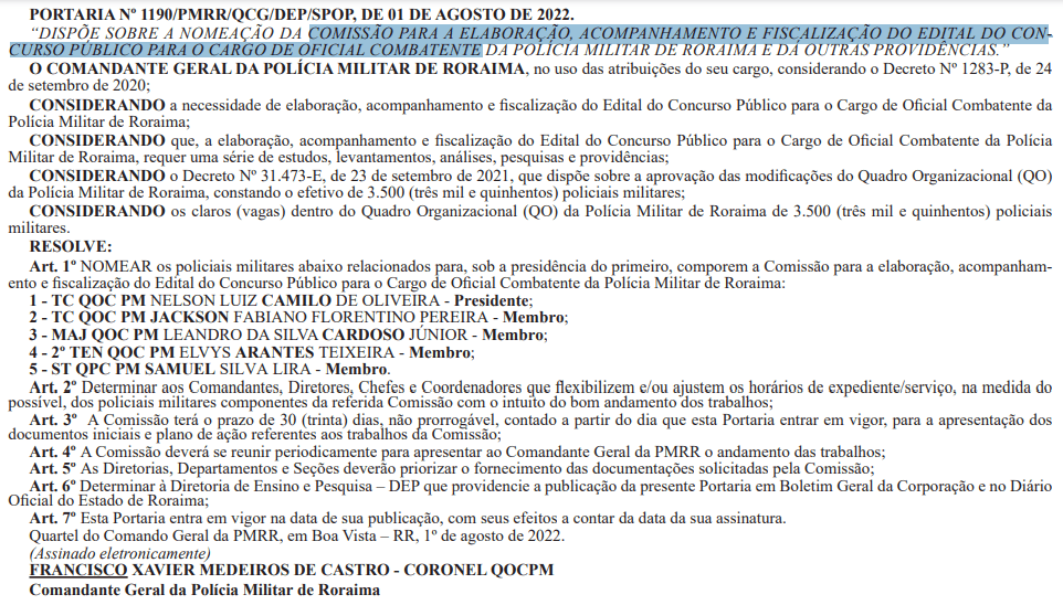 Comissão organizadora do concurso da PM RR