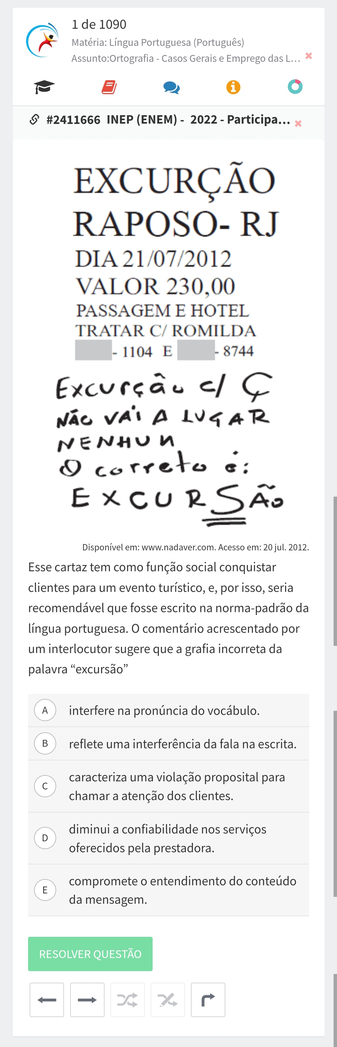App para estudar para o Enem; Resolução de questões
