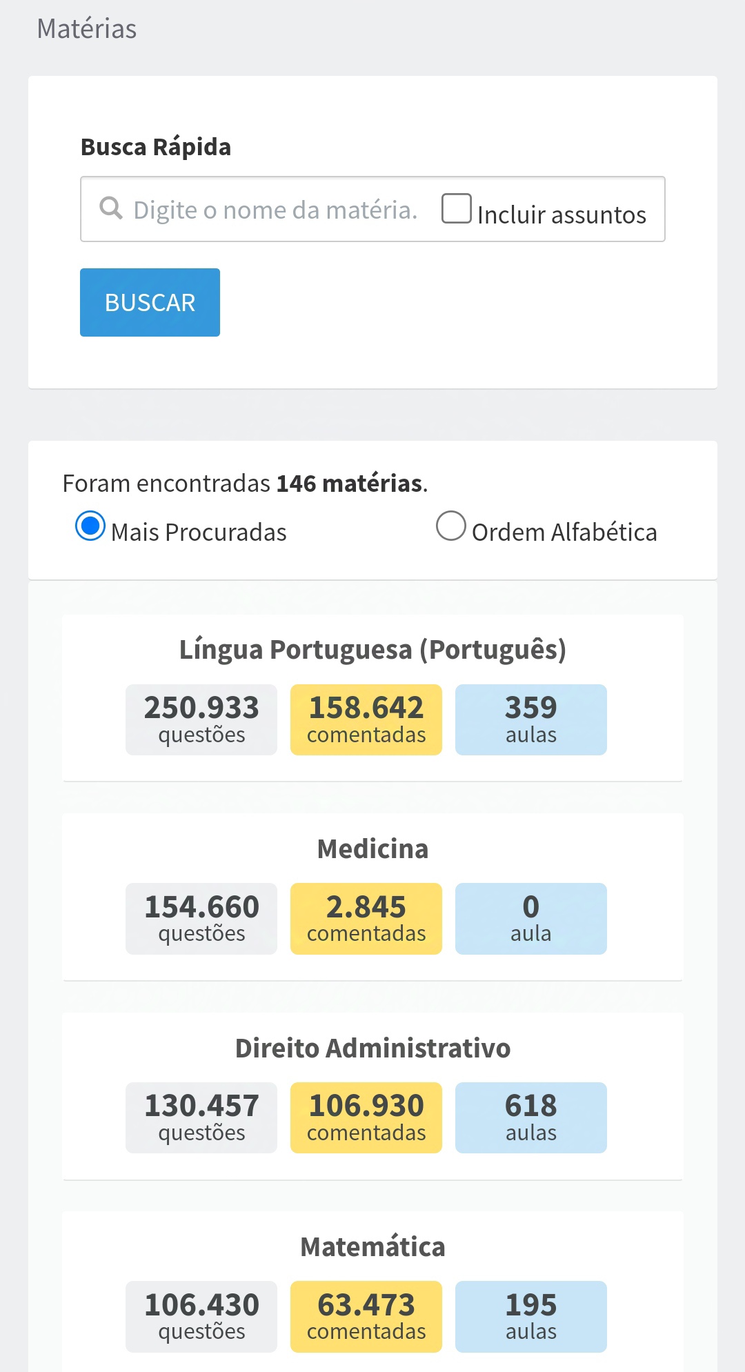 App Tec Concursos; Busca por matérias