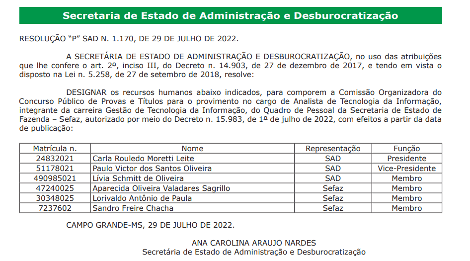Comissão formadas para o concurso da Sefaz MS