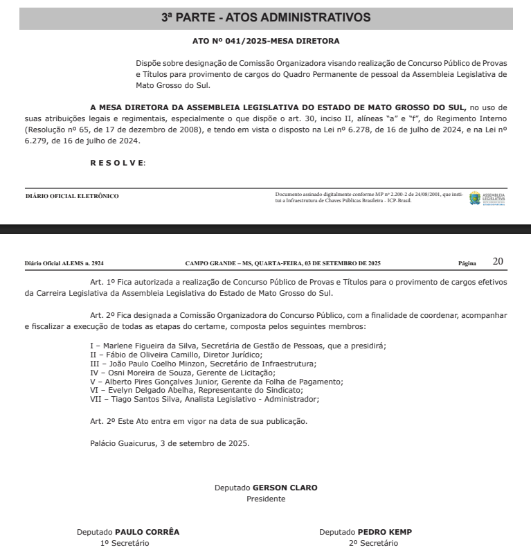 Comissão formada no concurso AL MS