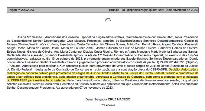 Ata prevê novo concurso do TJDFT Juiz